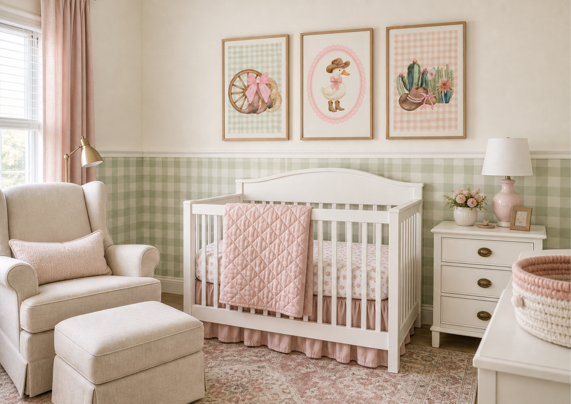 Girl's gingham western nursery art.