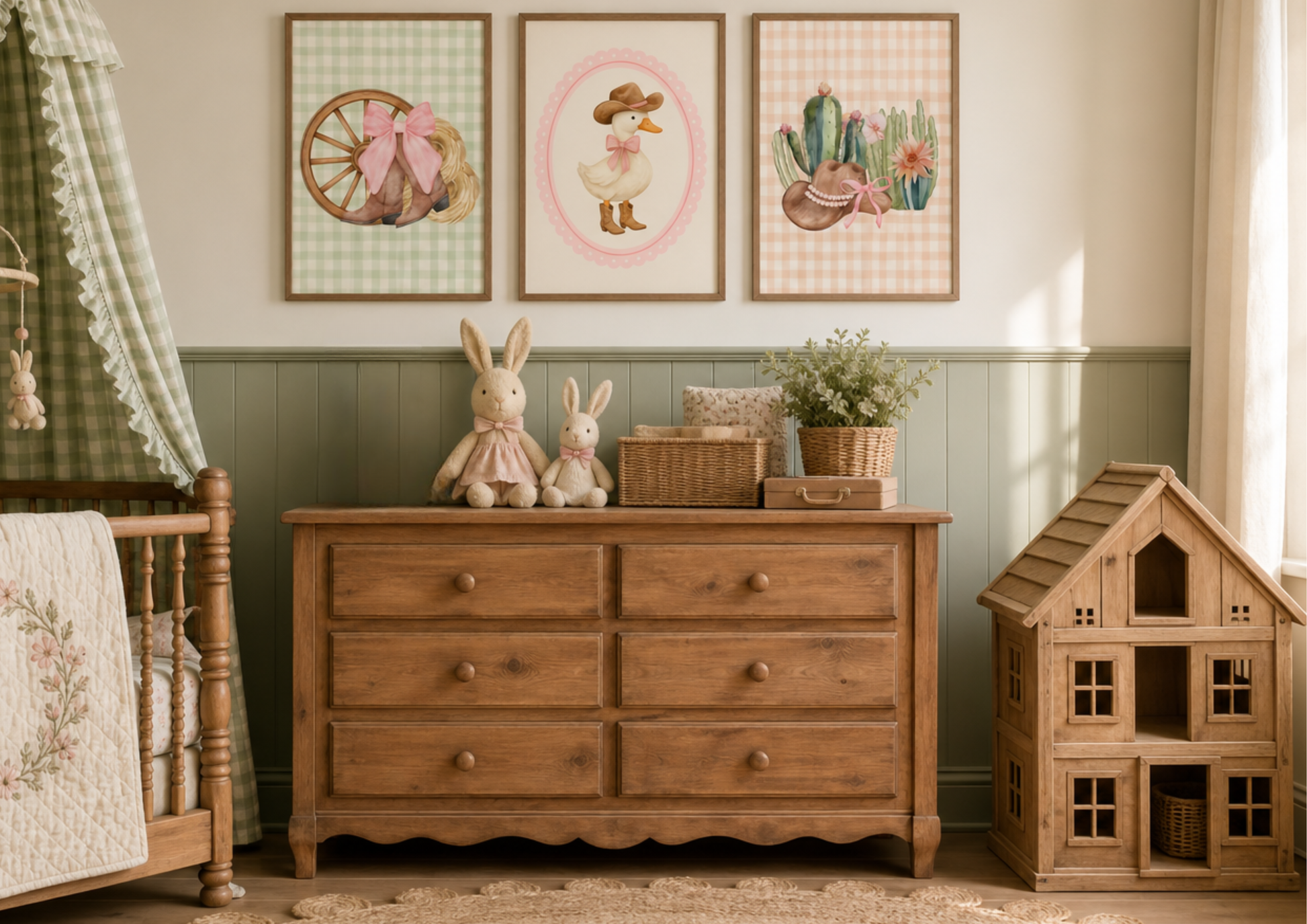 Nursery room with wooden dresser, crib, and gingham  western wall art.