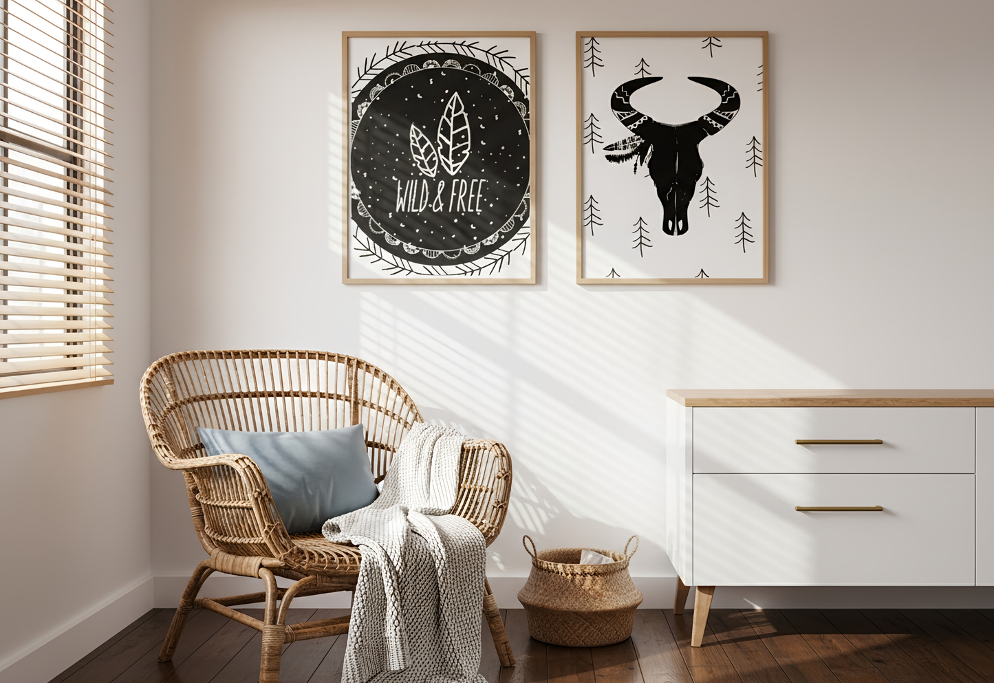 A bright, modern bohemian nursery featuring a woven rattan armchair with a blue pillow and a cream knit throw. On the right, a white minimalist dresser with gold handles and a wooden top sits against the wall. Centered above the furniture are two wooden-framed art prints: one with "Wild & Free" text and feather illustrations on a black background, and another featuring a black bull skull with a feathered headdress on a white background with small pine tree motifs. A small woven basket sits on the dark wood 