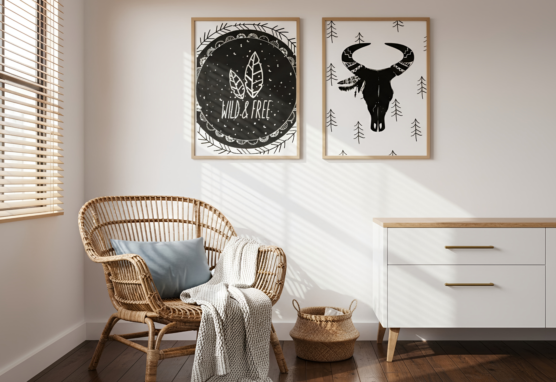A bright, modern bohemian nursery featuring a woven rattan armchair with a blue pillow and a cream knit throw. On the right, a white minimalist dresser with gold handles and a wooden top sits against the wall. Centered above the furniture are two wooden-framed art prints: one with "Wild & Free" text and feather illustrations on a black background, and another featuring a black bull skull with a feathered headdress on a white background with small pine tree motifs. A small woven basket sits on the dark wood 
