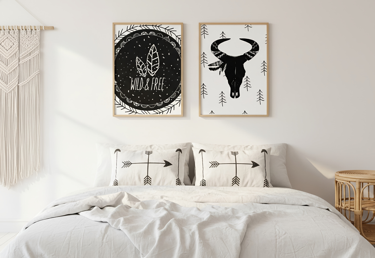 A serene bohemian-style bedroom featuring two wooden-framed art prints centered above a bed with white linens and arrow-patterned pillows. The left print shows a "Wild & Free" design with feathers on a black chalkboard-style background, while the right print features a black bull skull with a feathered headdress on a white background with small pine tree motifs. A large macramé wall hanging is visible on the left, and a small rattan side table sits to the right, all bathed in soft, natural morning light.