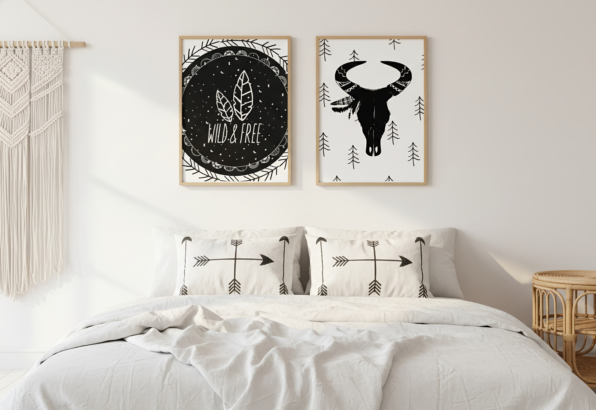 A serene bohemian-style bedroom featuring two wooden-framed art prints centered above a bed with white linens and arrow-patterned pillows. The left print shows a "Wild & Free" design with feathers on a black chalkboard-style background, while the right print features a black bull skull with a feathered headdress on a white background with small pine tree motifs. A large macramé wall hanging is visible on the left, and a small rattan side table sits to the right, all bathed in soft, natural morning light.