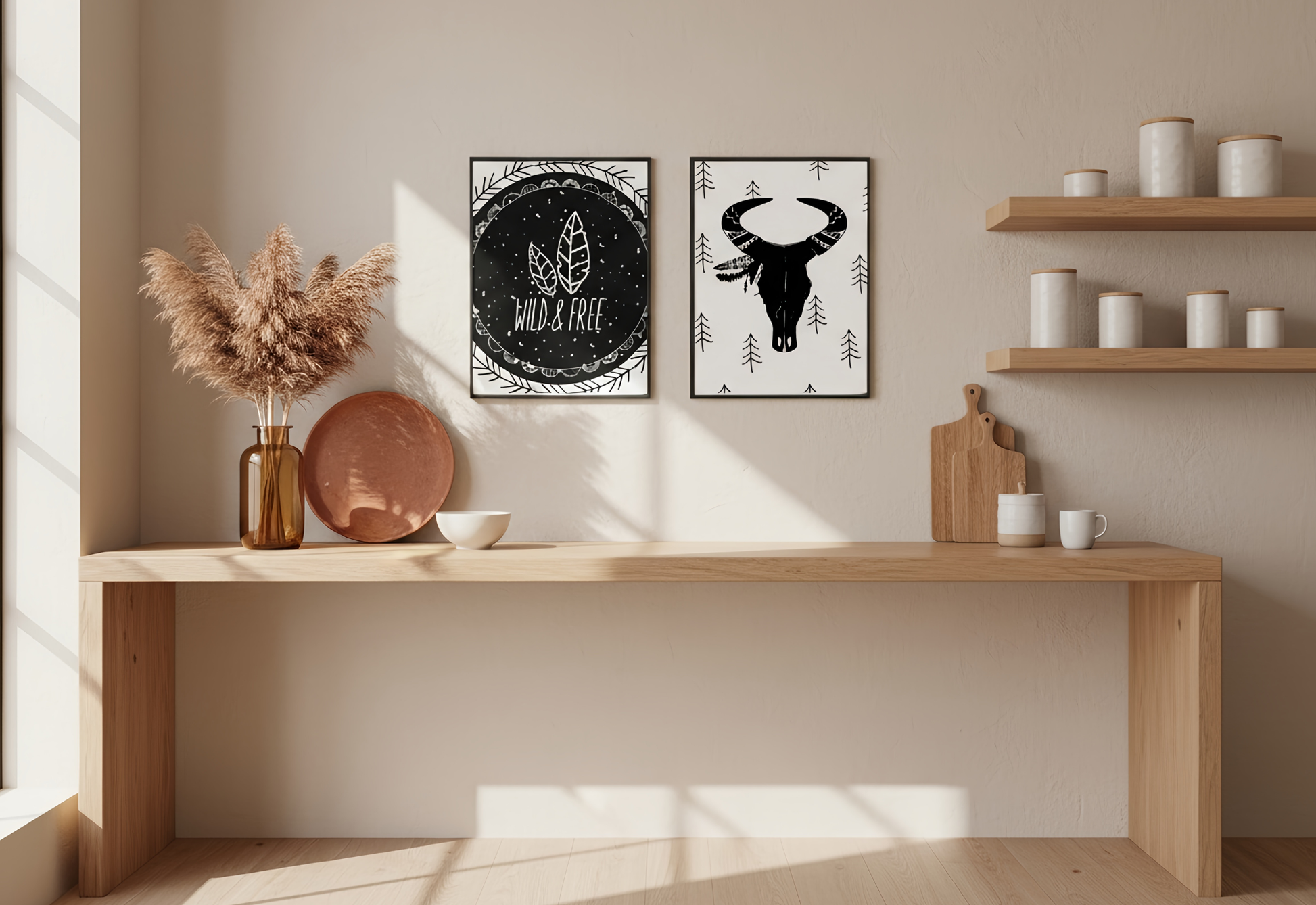 Alt tags please
An earthy, minimalist kitchen scene featuring two black-framed art prints centered on a warm beige wall. The left print displays the text "Wild & Free" with white feather illustrations on a black background, while the right print features a black bull skull with a feathered headdress on a white background decorated with small pine tree silhouettes. Below the art, a long, light-wood dresser or console table holds a brown glass vase filled with dried pampas grass, a terracotta plate, and a sma