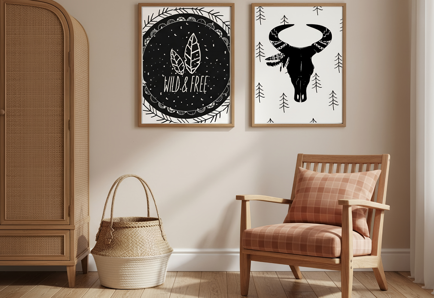 A warm and natural nursery interior featuring a wooden armchair with a terracotta checkered cushion on the right. To the left sits a tall arched rattan cabinet and a large woven belly basket on the floor. Centered on the beige wall are two wooden-framed art prints: one featuring "Wild & Free" text with feathers on a black background, and the other displaying a black bull skull with a feathered headdress on a white background with pine tree motifs. Soft sunlight fills the room, casting gentle shadows.
