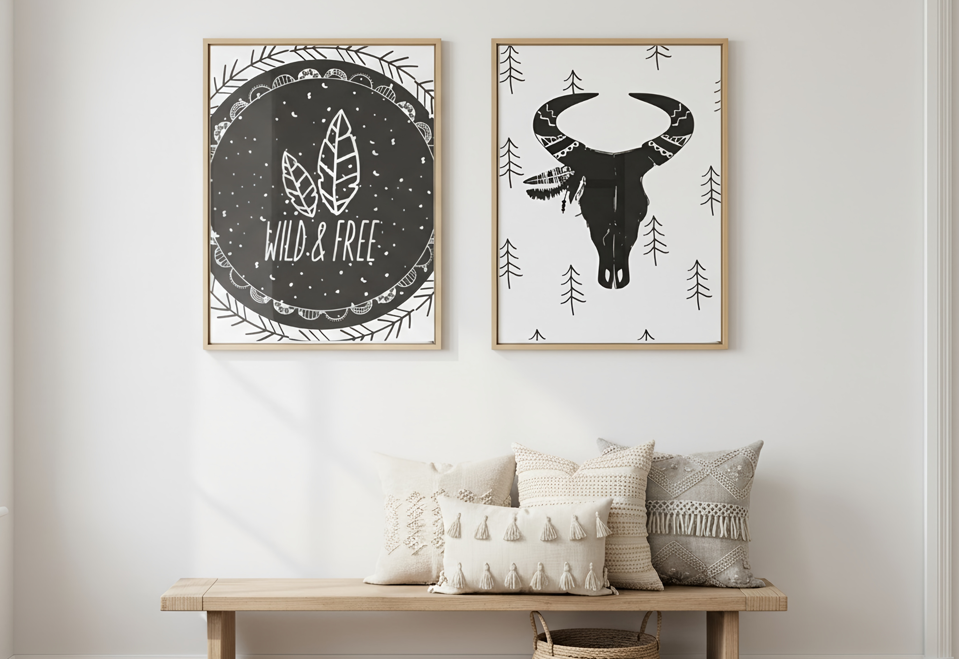 A serene, bohemian-style entryway or nursery scene featuring a light wood bench set against a white wall. Four decorative pillows in cream and soft grey, featuring textures like tassels and fringe, are neatly arranged on the bench. Above the bench, two wooden-framed art prints are displayed: one with "Wild & Free" text and feather illustrations on a black background, and the other featuring a black bull skull with a feathered headdress on a white background with small pine tree silhouettes. Soft sunlight.