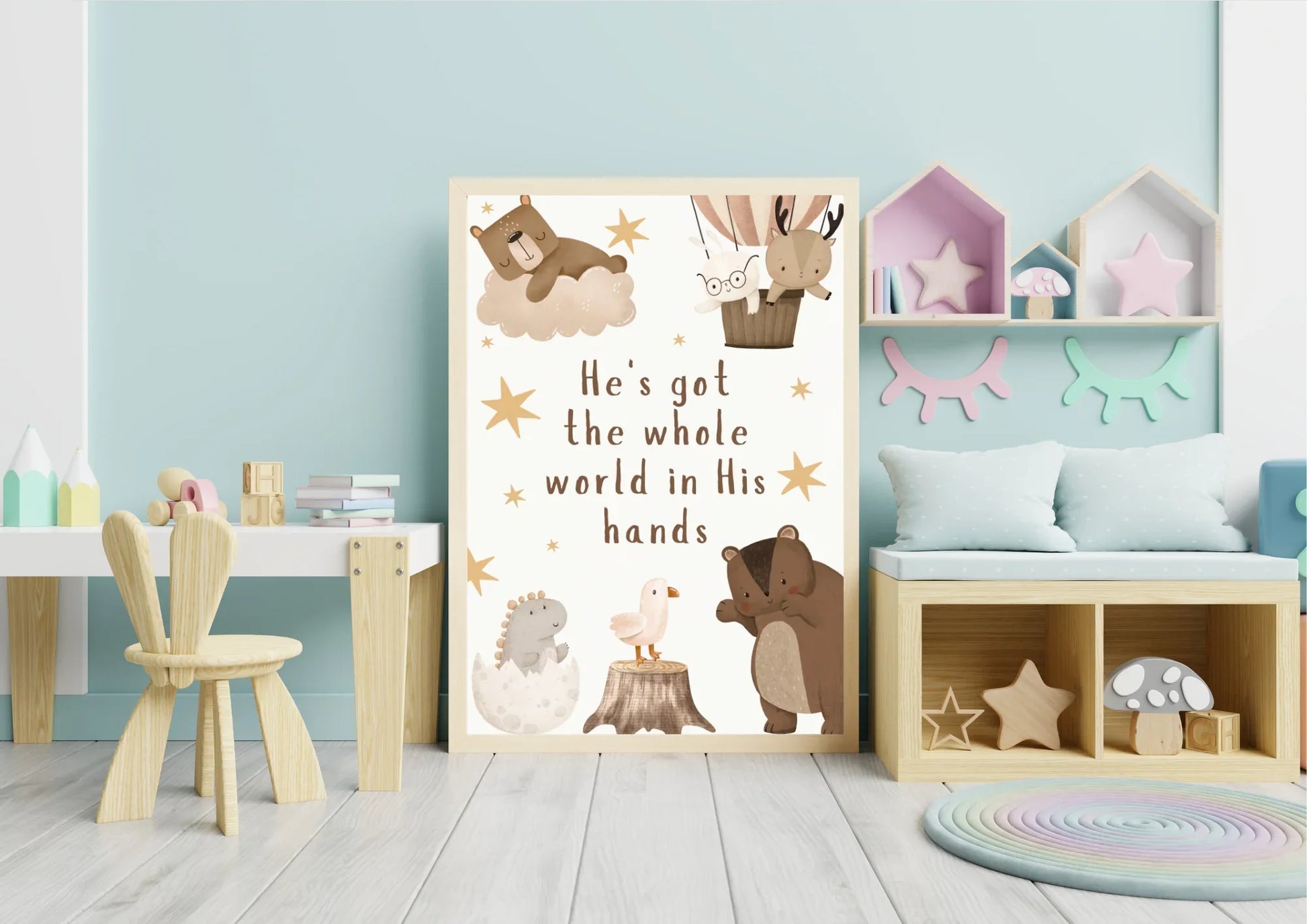 Children's room with a decorative poster featuring animals and text, a wooden chair, and shelves with toys.