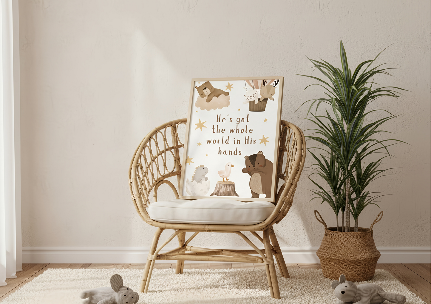 Wicker chair with a cushion, framed picture, and decorative items in a room with a plant and rug.