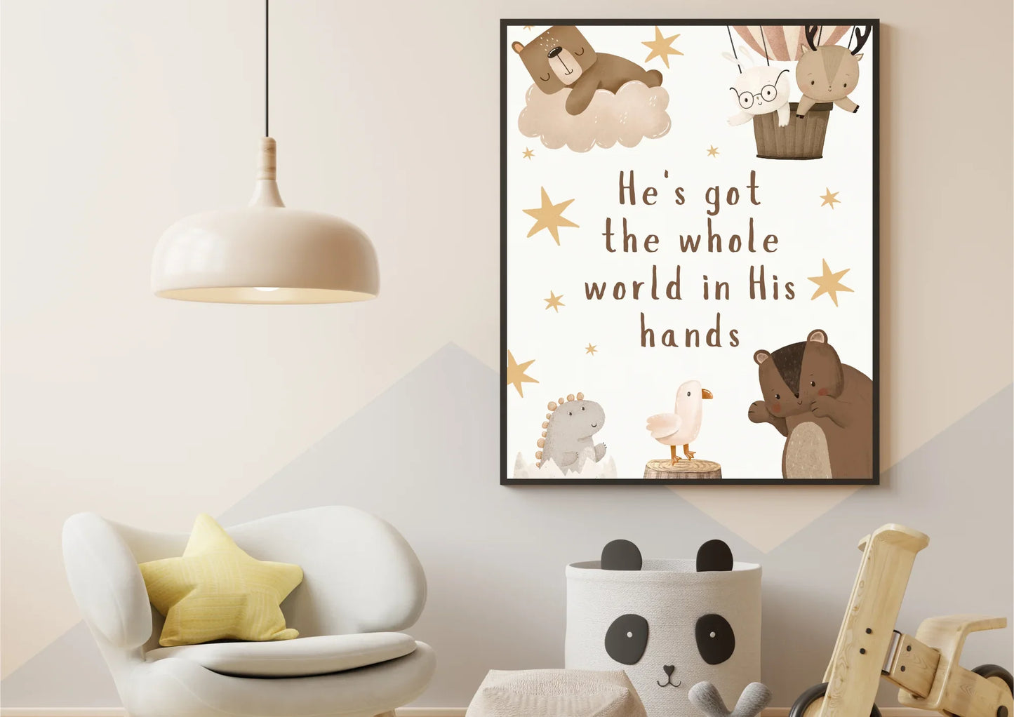 Framed children's Christian poster with cartoon animals and text in a room with toys and decor.