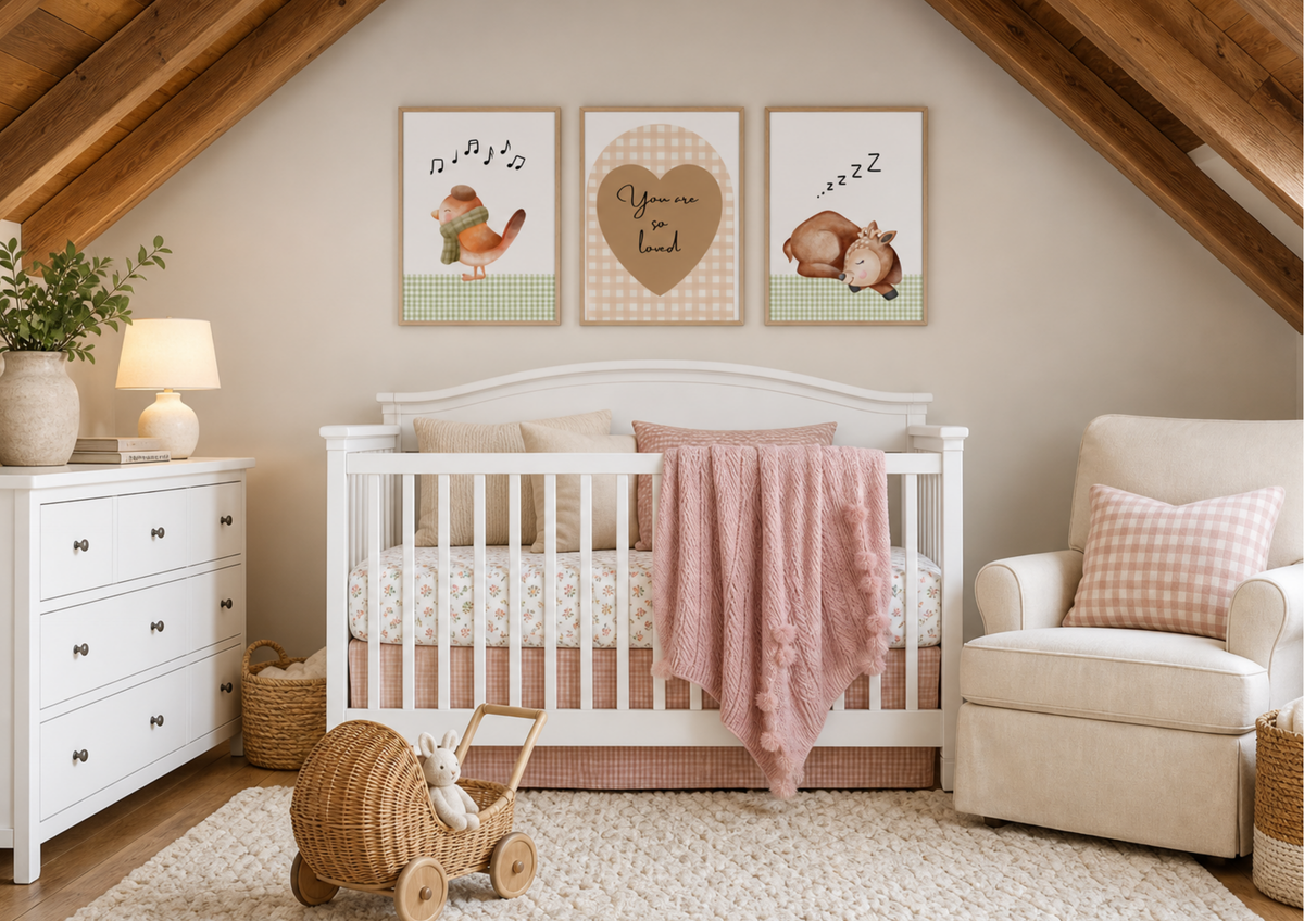 A styled nursery room with a white wooden crib, pink knit blanket, white dresser, beige armchair, and three framed woodland animal wall art prints above the crib.