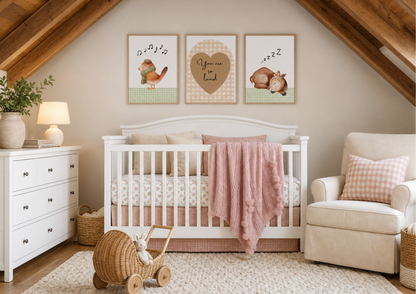 A styled nursery room with a white wooden crib, pink knit blanket, white dresser, beige armchair, and three framed woodland animal wall art prints above the crib.