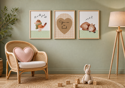 Three framed wall art prints hang on a sage green wall above a wicker chair in a styled nursery room. The prints show a bird, a heart with the words 'You are so loud', and a sleeping deer.