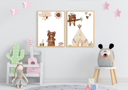 A playful kids' room with white walls, decorated with pink stars and a mint green cactus shelf. Two framed Aztec tribal bear prints are centered on the wall, above a small wooden chair with a bear-themed backpack and a doll sitting nearby.