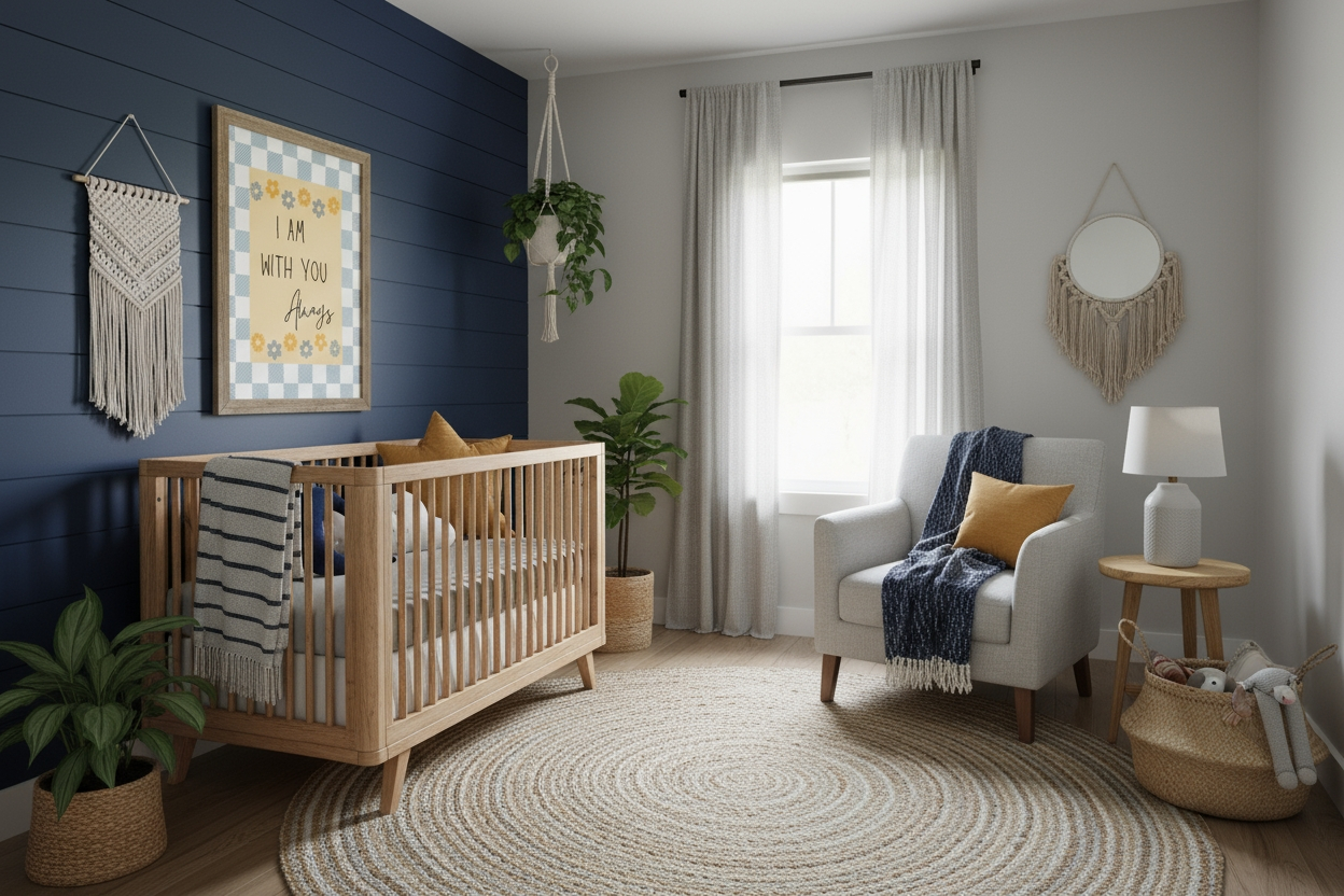 A modern baby nursery with a navy blue shiplap accent wall. The framed "I Am With You Always" Christian art hangs above a natural wood crib. The room features a light gray armchair, a large round jute rug, potted greenery, and macrame wall hangings.