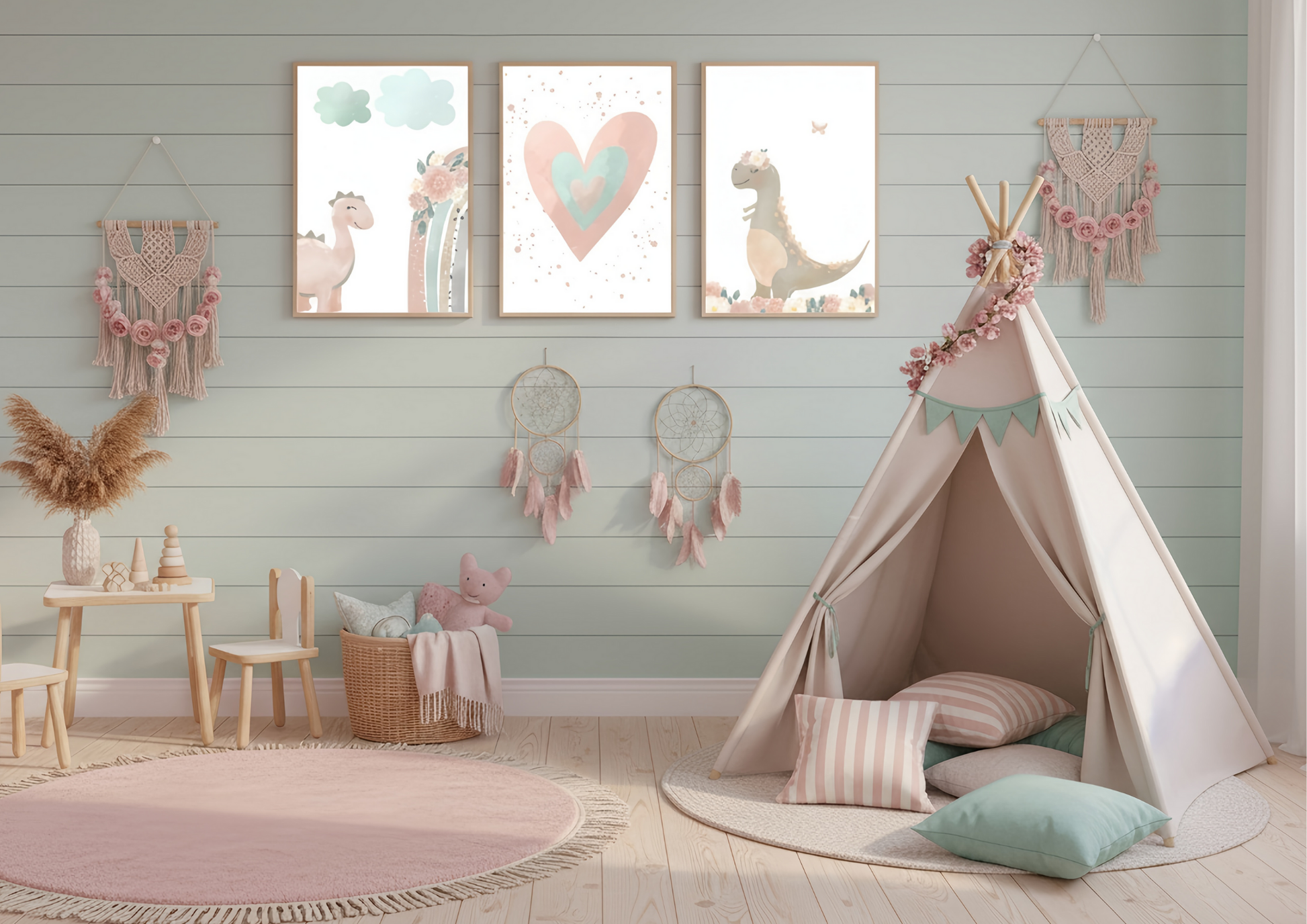 Children's room with teepee, boho dinosaur wall art, and decor elements.