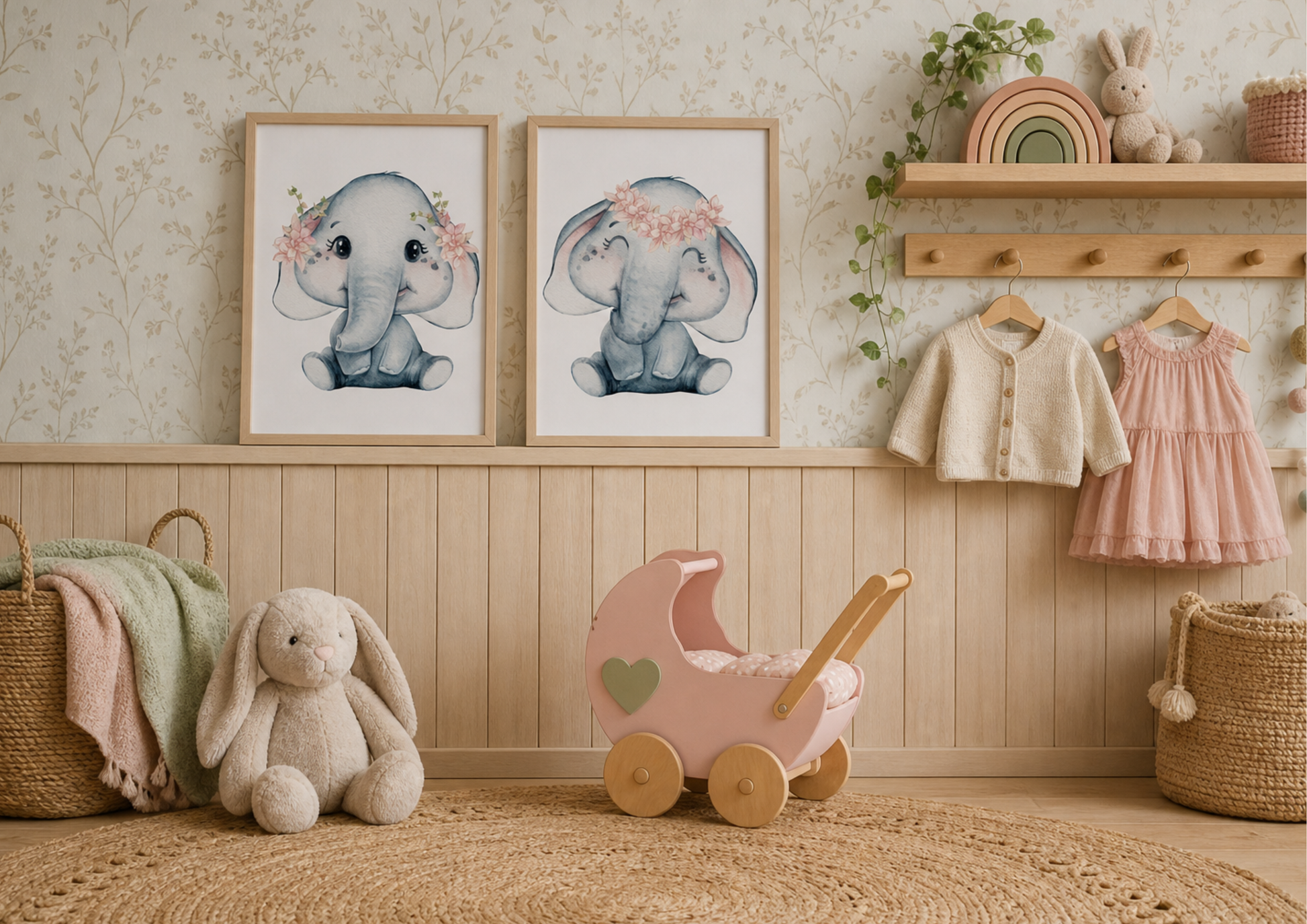 A styled nursery room scene featuring two framed watercolor elephant prints on a light wood-paneled wall. Below the frames, a plush bunny toy, woven baskets, and a pink wooden baby stroller are arranged on a jute rug.