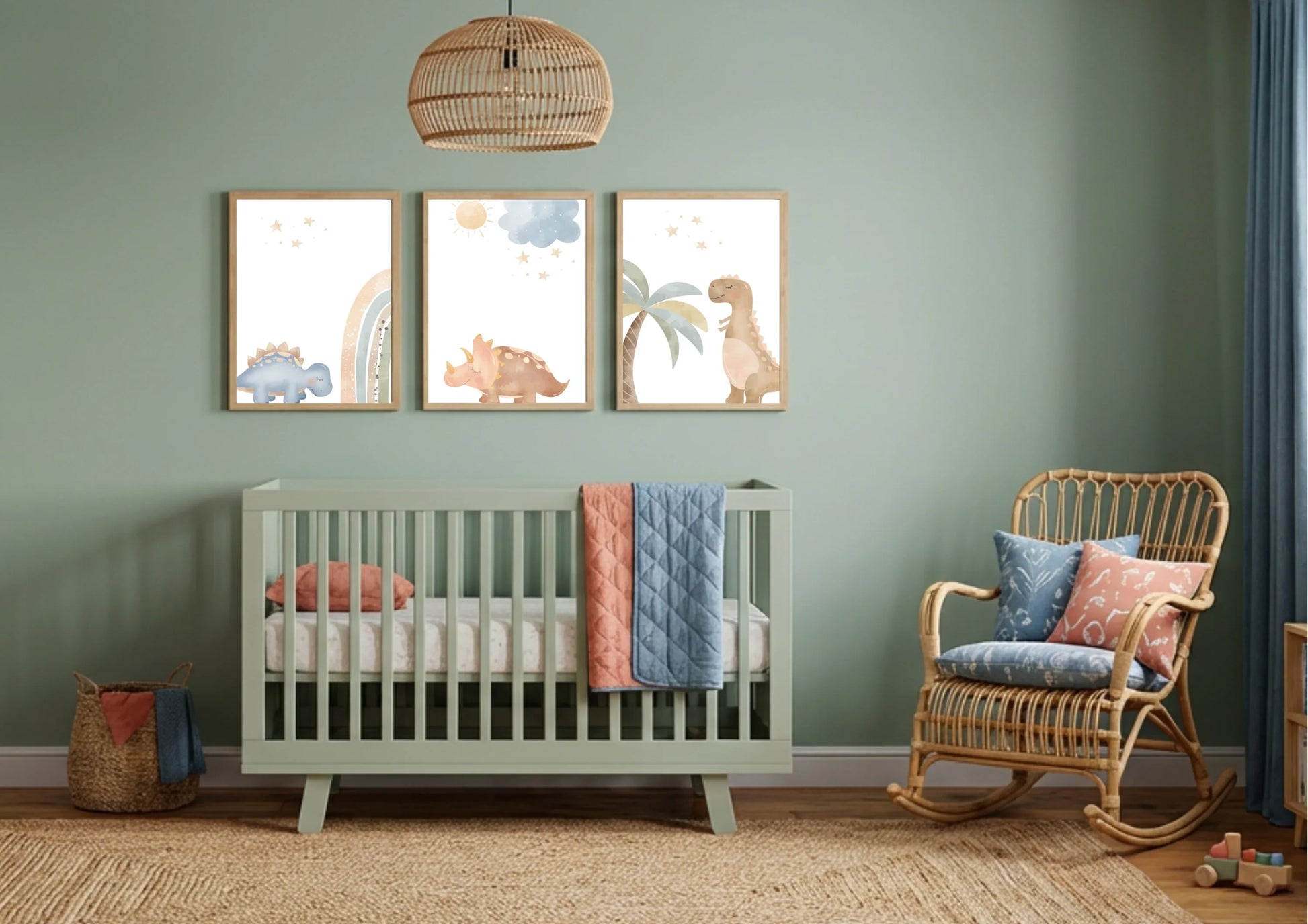 Nursery room with a crib, rocking chair, and wall art on a green wall.