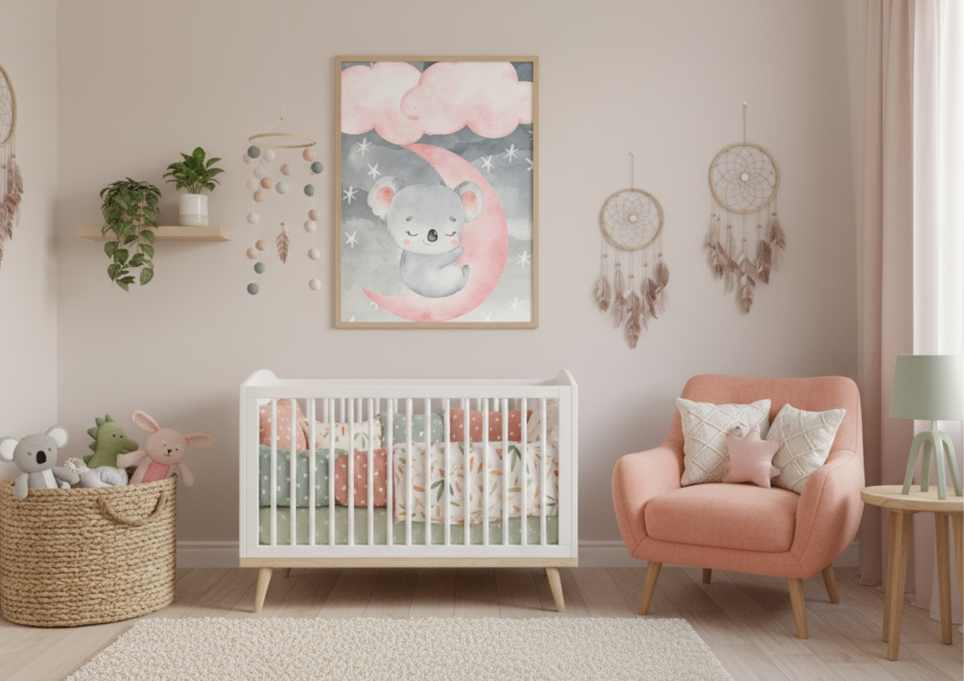A bright, modern child's bedroom or nursery with walls painted in a two-tone design: white on the top half and a dusty rose pink on the bottom half. A natural wood-framed watercolor print of a sweet, sleeping koala resting on a pink crescent moon, under grey clouds and stars, hangs centrally above a white mid-century modern dresser with wooden legs. To the right, a low wooden toddler bed is visible, dressed with a chunky pink knit blanket. The room features a small table and chairs set, a teal toy bin fille
