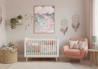 A bright, modern child's bedroom or nursery with walls painted in a two-tone design: white on the top half and a dusty rose pink on the bottom half. A natural wood-framed watercolor print of a sweet, sleeping koala resting on a pink crescent moon, under grey clouds and stars, hangs centrally above a white mid-century modern dresser with wooden legs. To the right, a low wooden toddler bed is visible, dressed with a chunky pink knit blanket. The room features a small table and chairs set, a teal toy bin fille