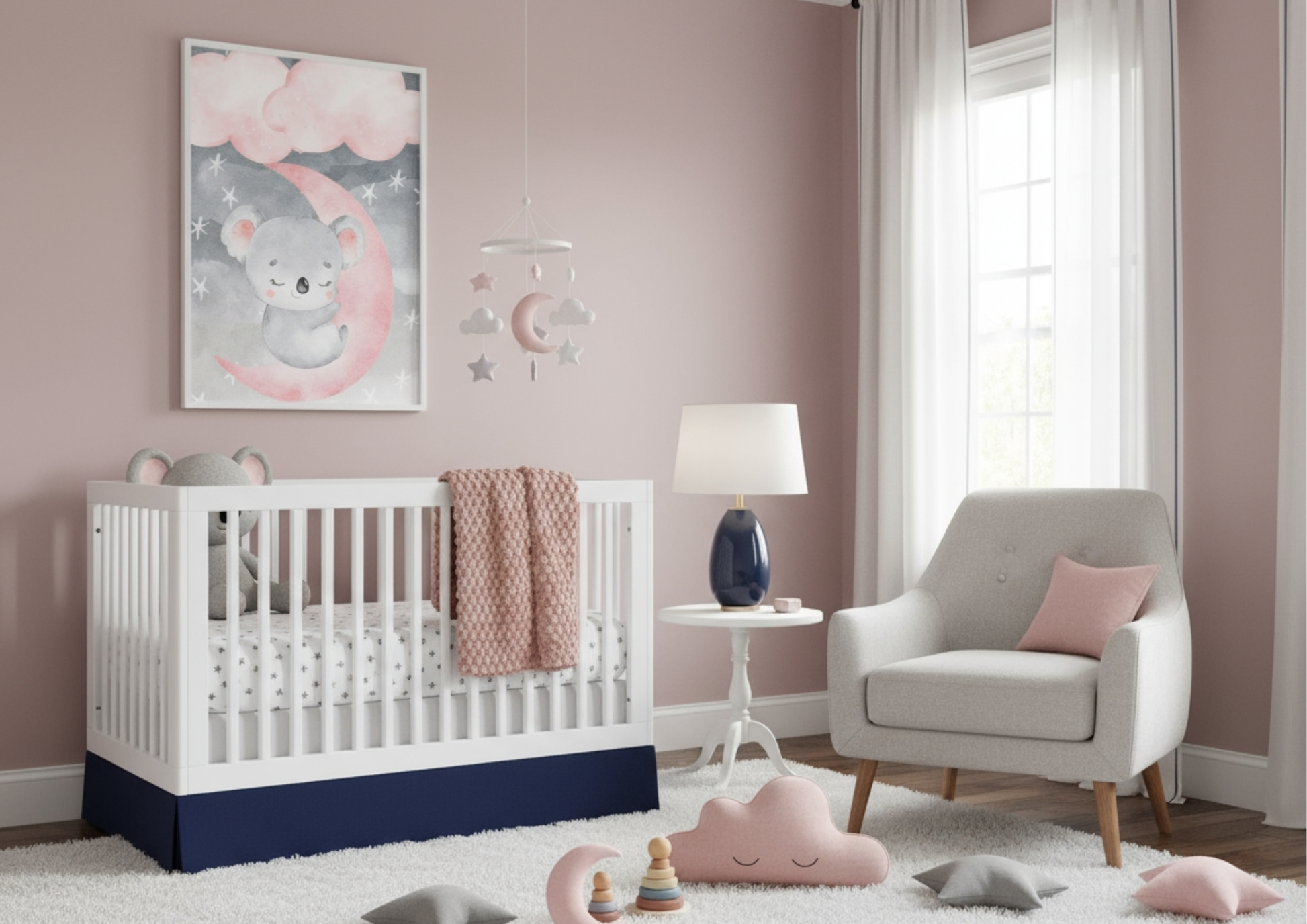 A serene and stylish nursery room painted in a soft, dusty rose pink. Hanging above a white wooden crib is a vertical framed watercolor print of a sweet, sleeping koala resting on a pink crescent moon, surrounded by grey clouds and stars. The crib has a deep navy blue skirt and is dressed with white polka-dot sheets. To the right, a comfortable light grey armchair sits next to a small white side table with a navy blue lamp. A star and moon mobile hangs near the artwork. The floor is covered with a soft whit