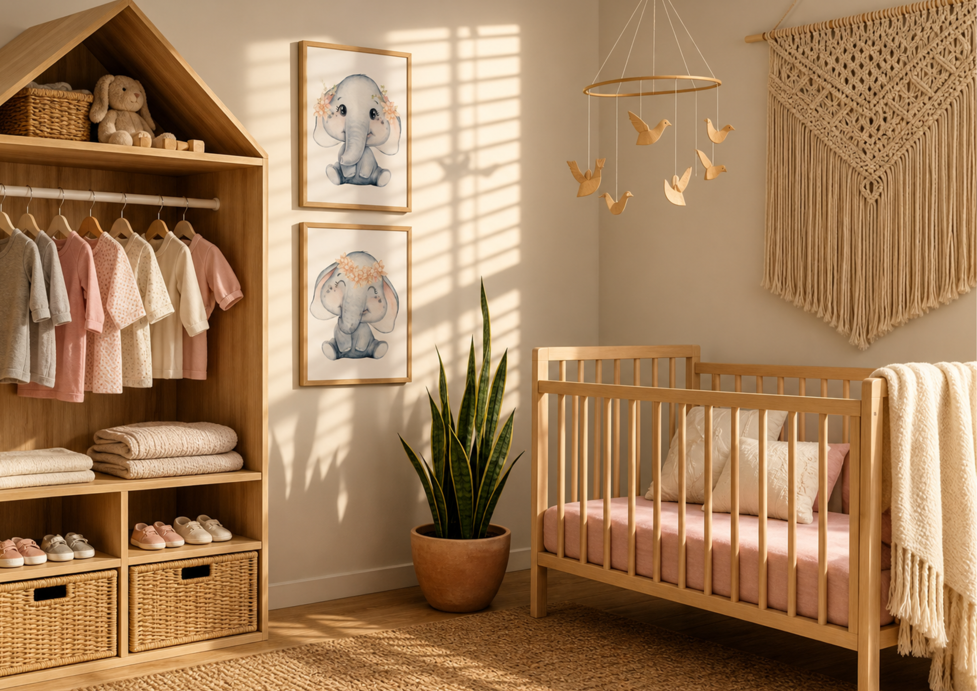 A styled nursery room with a light wood crib, matching wooden storage shelf, macrame wall hanging, and a potted snake plant, decorated with soft pink bedding and framed elephant artwork.