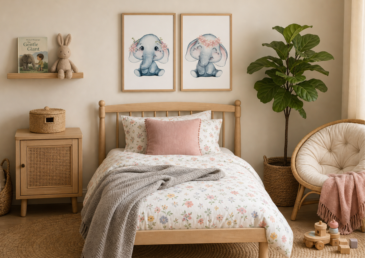 A styled children's bedroom featuring a light wood single bed with a floral duvet cover and pink accent pillow, flanked by a wooden nightstand and a potted fiddle-leaf fig plant. Above the bed are two framed watercolor prints of elephants with floral crowns.