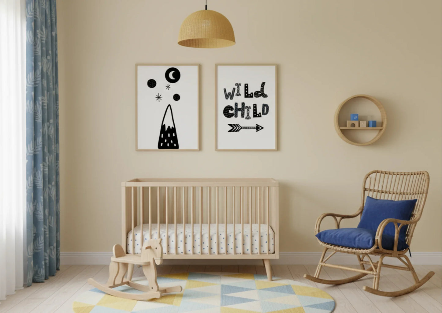 Nursery room with crib, rocking chair, and wild child monochrome wall art