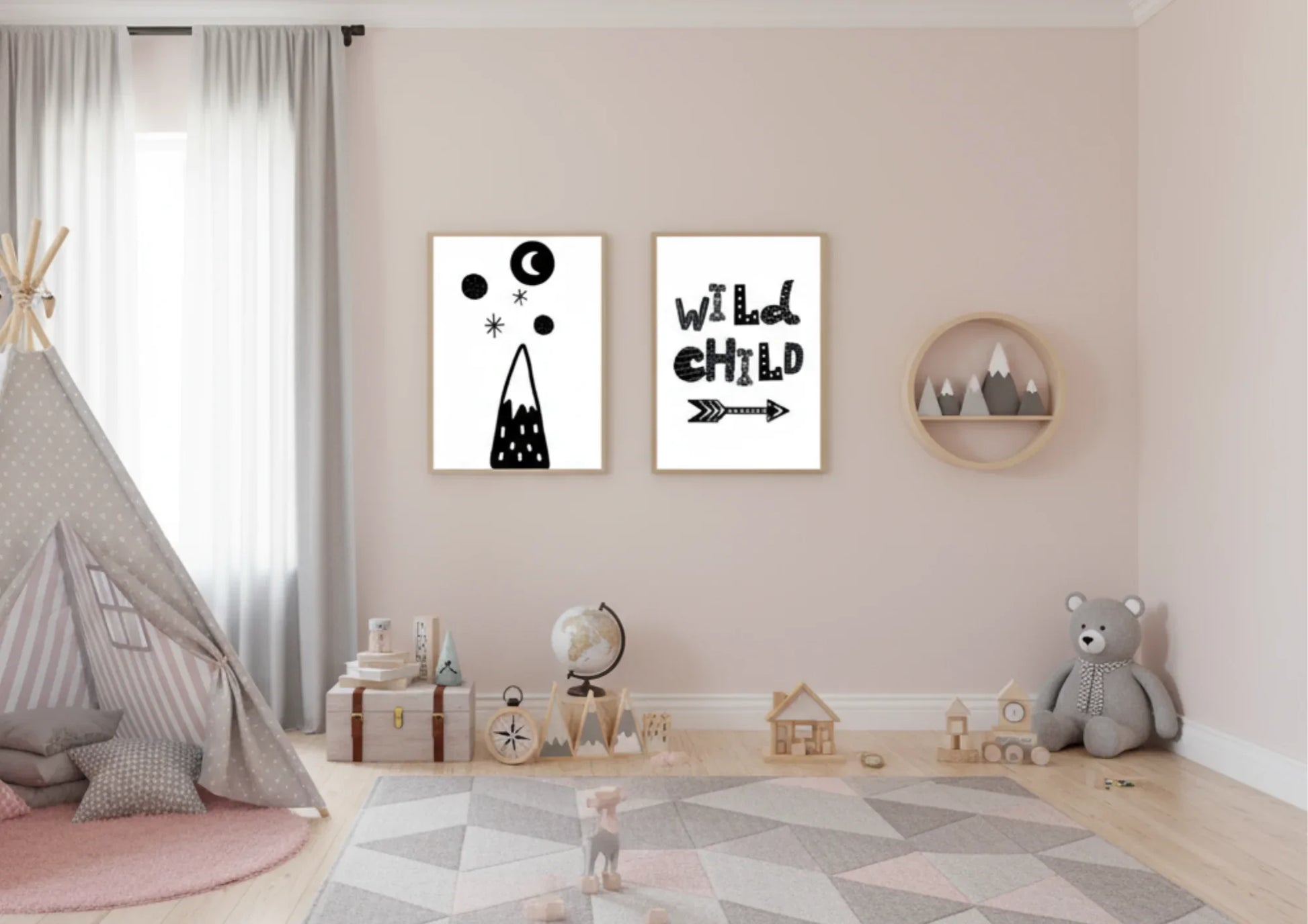 Children's room with a teepee, toys, and wild child wall art.