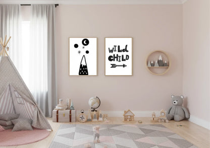 Children's room with a teepee, toys, and wild child wall art.